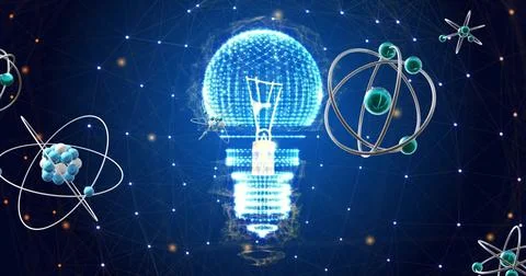 Image of atomic structures moving over light bulb and networks on dark Stock Illustration