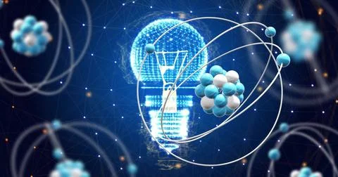 Image of atomic structures over light bulb and networks on blue background Stock Illustration
