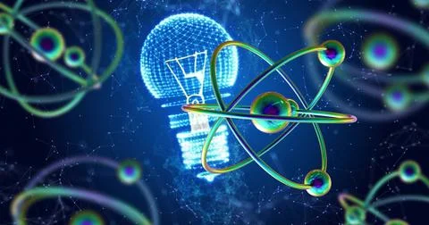 Image of atomic structures over light bulb and networks on blue background Stock Illustration