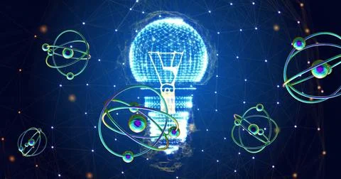 Image of atomic structures over light bulb and networks on blue background Stock Illustration