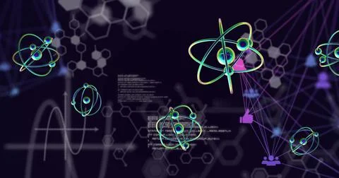 Image of atoms and scientific data processing over dark background Stock Illustration