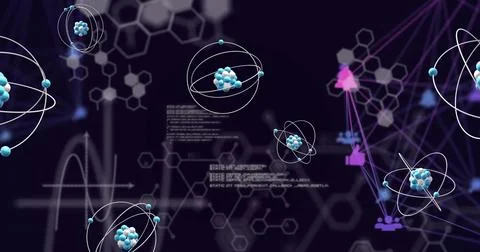 Image of atoms and scientific data processing over network of connections Stock Illustration