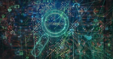 Image of automation text over reading glass and data processing Stock Illustration