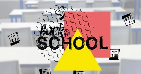 Image of back to school text and school items icons over empty classroom 스톡 일러스트