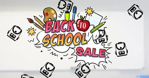 Image of back to school text and school items icons over classroom Stock Illustration