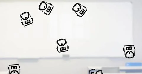 Image of back to school text and school items icons over classroom Stock Illustration