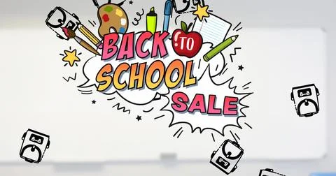 Image of back to school text and school items icons over classroom Stock Illustration