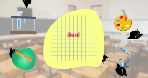 Image of back to school text and school items icons over empty classroom Stock Illustration