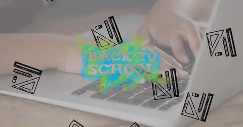 Image of back to school text and school items icons over schoolboy using laptop Illustrazione stock