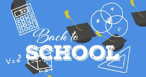 Image of back to school text and falling school supplies over blue background Illustrazione stock