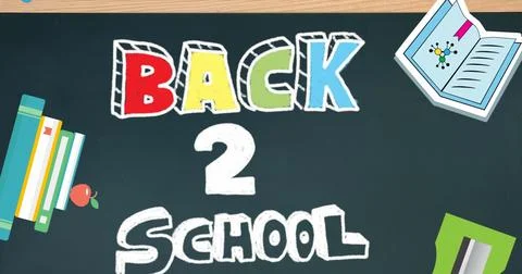 Image of back to school text banner and school concept icons falling against Stock Photos