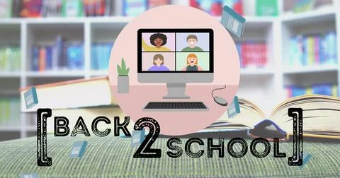 Image of back to school text over library イラスト素材