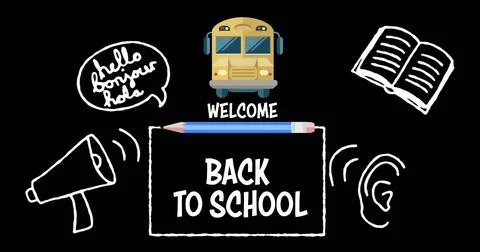 Image of back to school text over school items icons on blackboard Illustrazione stock