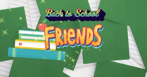 Image of back to school text over falling notebooks Illustrazione stock