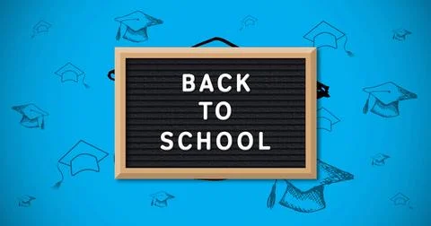 Image of back to school text over school items icons and on blue background Ilustração Stock