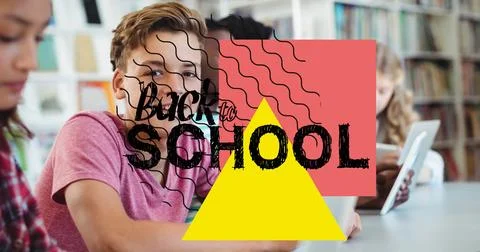 Image of back to school text over schoolchildren in library Ilustração Stock