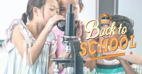 Image of back to school text over schoolchildren using microscope Illustrazione stock