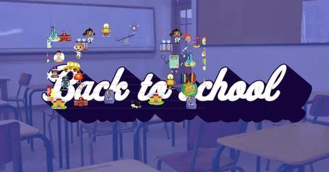Image of back to school text over classroom Ilustração Stock