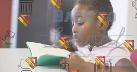 Image of back to school text over schoolgirl learning 写真素材
