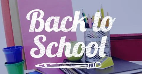 Image of back to school text over school items Stock Photos