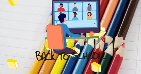 Image of back to school text with schoolboy using computer over coloured pencils Stock Photos