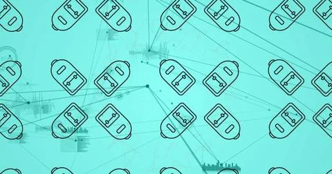 Image of backpack icons over network of connections and data processing on blue Stock Photos