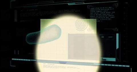 Image of bacteria cell over digital screen on black background Stock Photos