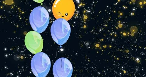 Image of balloons floating over black background with dots Stock Photos