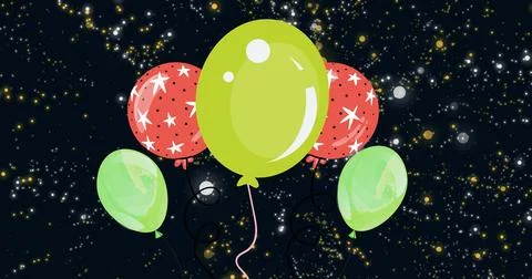 Image of balloons floating over black background with dots Stock Photos