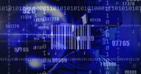 Image of bar code and binary coding data processing over african american man in 스톡 사진