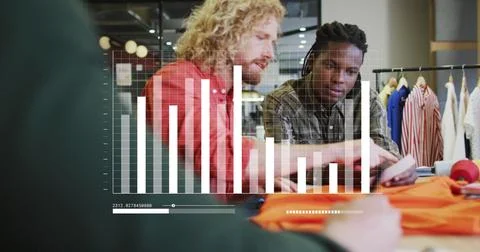 Image of bar graph and loading bars, diverse coworkers sharing ideas in office Stock Illustration