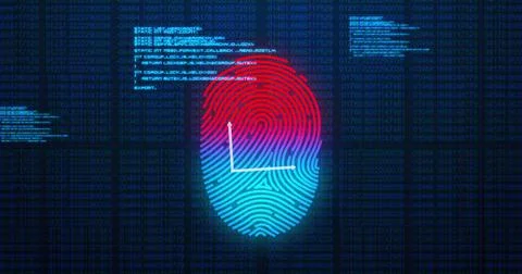 Image of bar graph icon over biometric print scanner and data processing on blue Foto stock