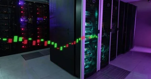 Image of bar graphs over illuminated data server systems in server room Stock Illustration