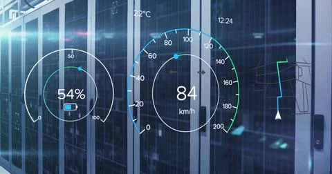 Image of battery charge digital data processing over computer servers Foto stock