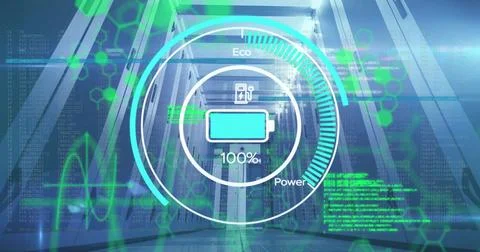 Image of battery charge digital data processing over computer servers 스톡 사진