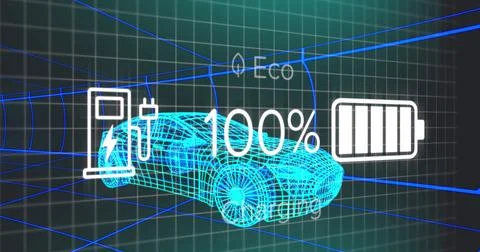 Image of battery charging interface over 3d car model moving in seamless pattern Stock Photos