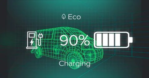 Image of battery charging interface over 3d van model moving in seamless pattern Stock Photos