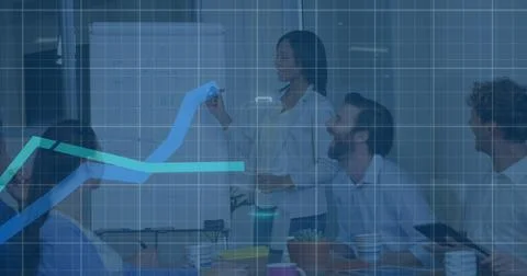 Image of battery icon and graphs over african american woman giving a Stock Photos