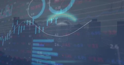 Image of battery icon in circle over graphs and trading board against modern Stock Photos