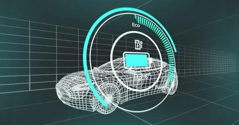 Image of battery level over electric car project on navy background Stock Illustration