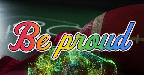 Image of be proud text, abstract pattern over rugby ball, red cloth and gam.. 스톡 사진