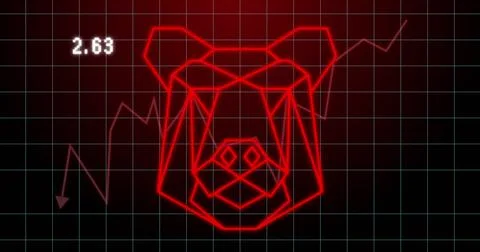 Image of bear geometrical shape and financial graph over dark red background Ilustração Stock