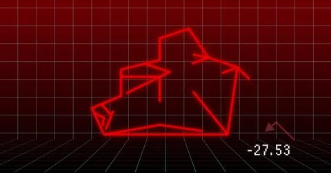 Image of bear profile geometrical shape and financial graph over dark red Ilustração Stock