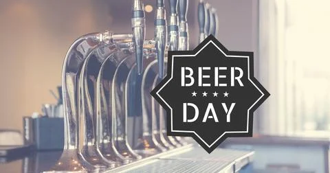 Image of beer day text and close up of beer tabs in bar Stock Illustration