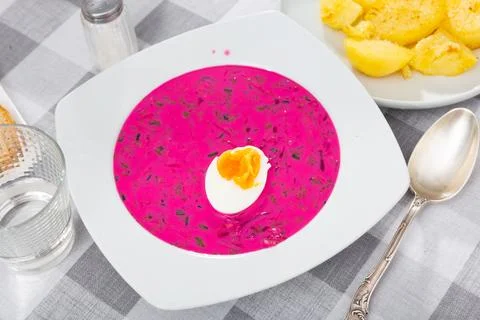 Image of belarusian cold borscht on table indoors Stock Photos