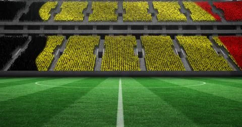 Image of belgian flag on empty football pitch in sports stadium Stock Illustration
