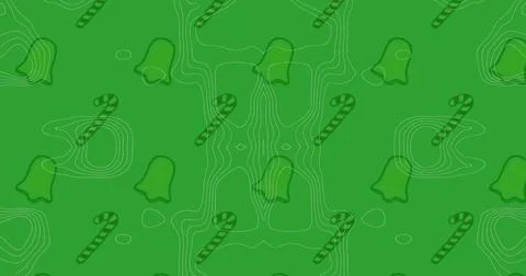 Image of bell and candy cane icon in seamless pattern against topography on Stock Photos