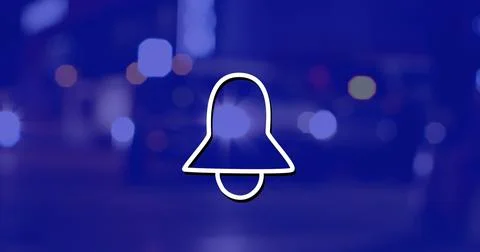 Image of bell icon over cityscape at night on blue background Ilustração Stock