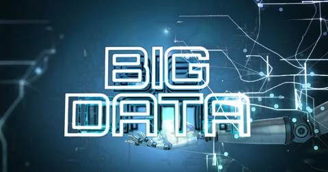 Image of big data text and connected dots with cropped robotic hand in Stock Illustration