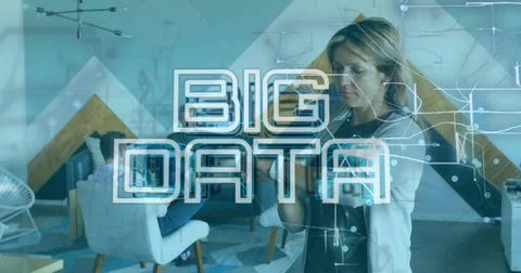 Image of big data text and navigation pattern over caucasian woman using Stock Photos